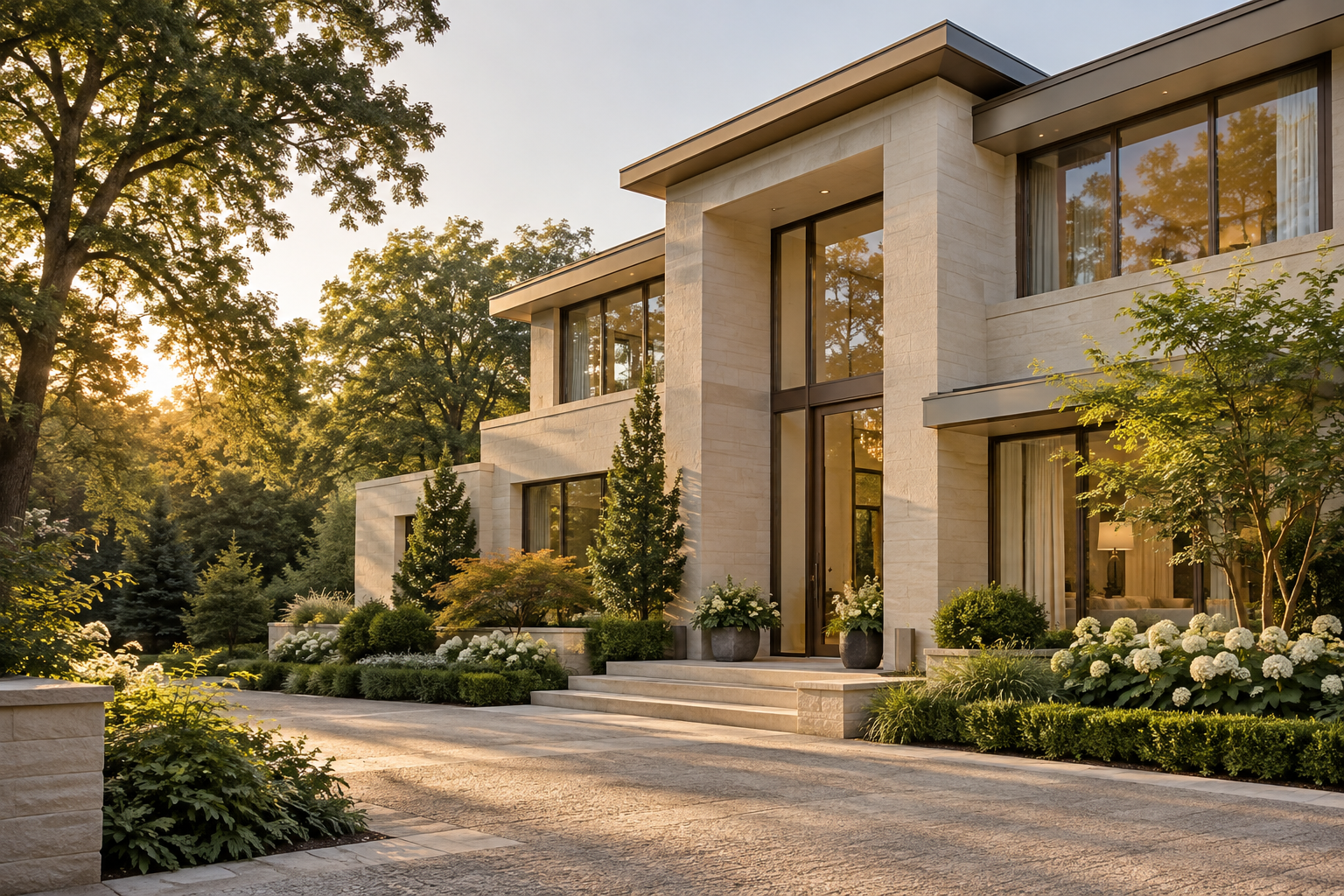 Illustrative contemporary limestone home in warm afternoon sunlight