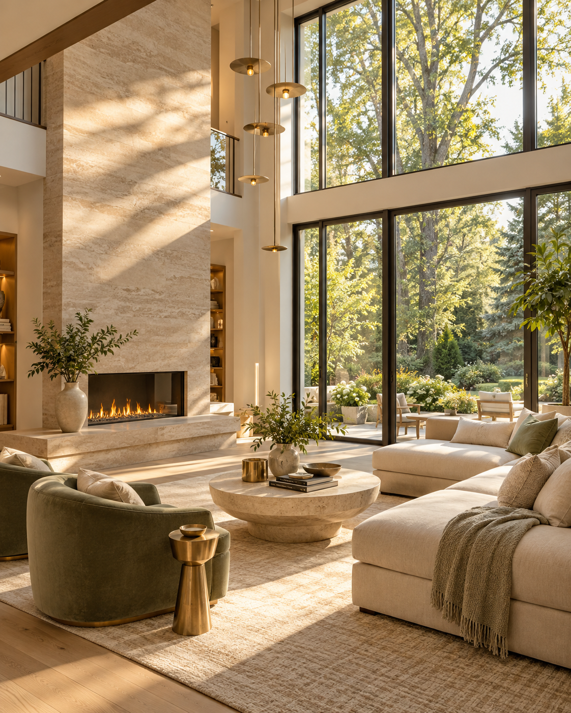 Illustrative sunlit living room with warm stone, cream furnishings and sage accents
